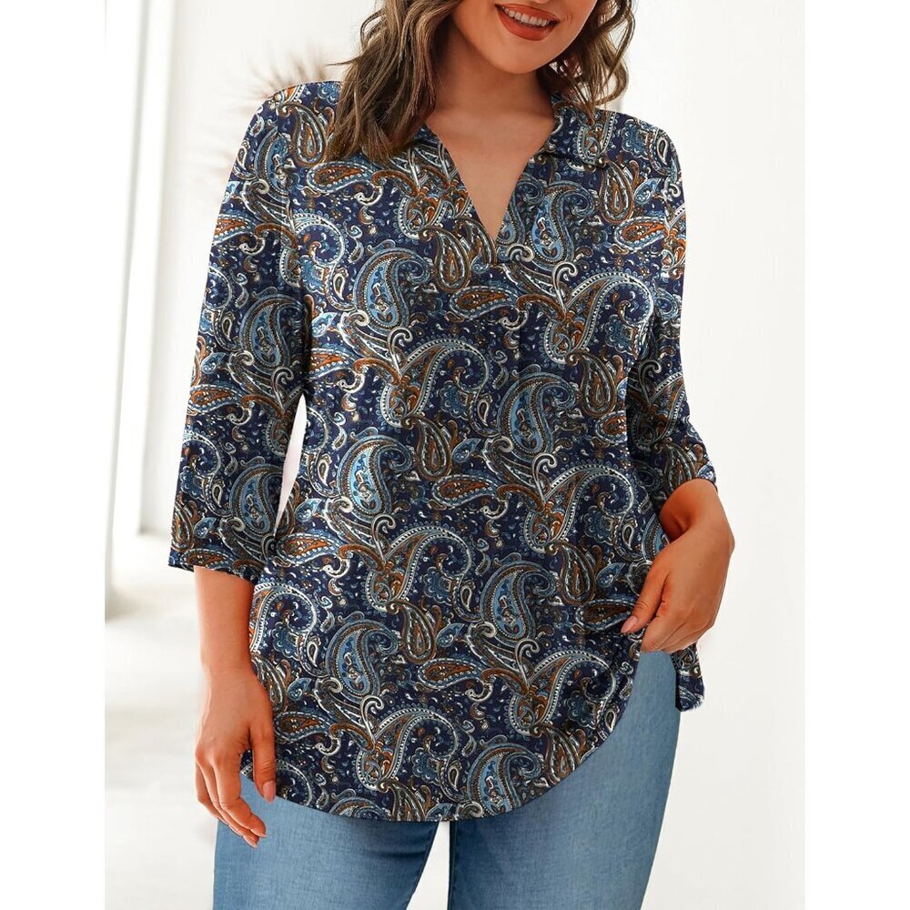 Plus Size Women's Tops Rayon Spandex 3/4 Sleeve V Neck Casual Blouse - Picture 4 of 6